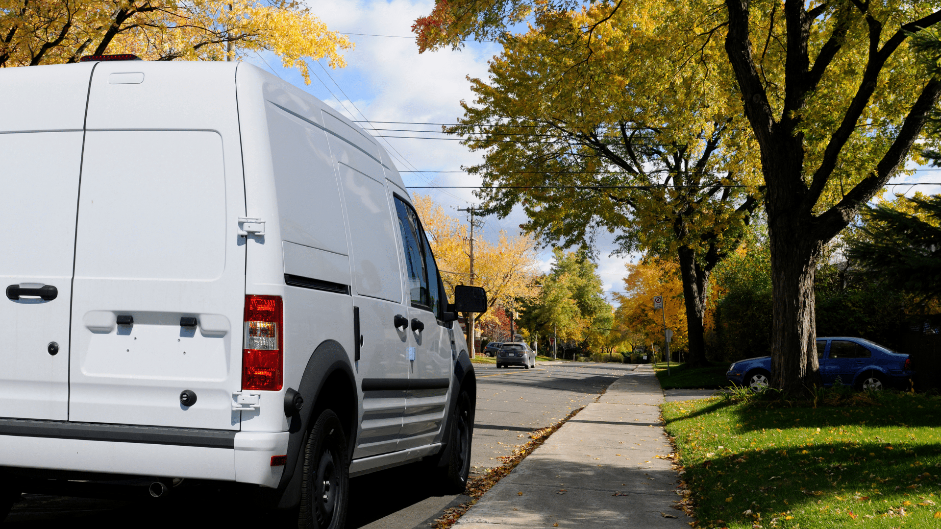Van parked near curb with green grass and trees